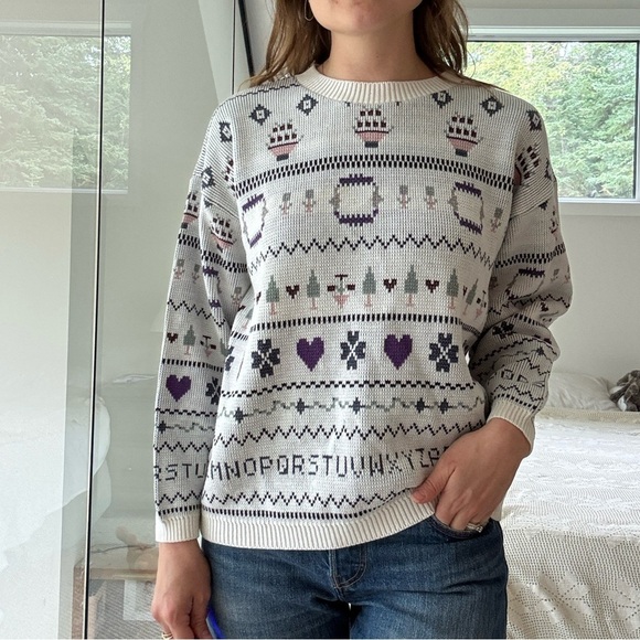 Vintage Sweaters - Vintage alphabet White and Purple Patterned Sweater teacher small